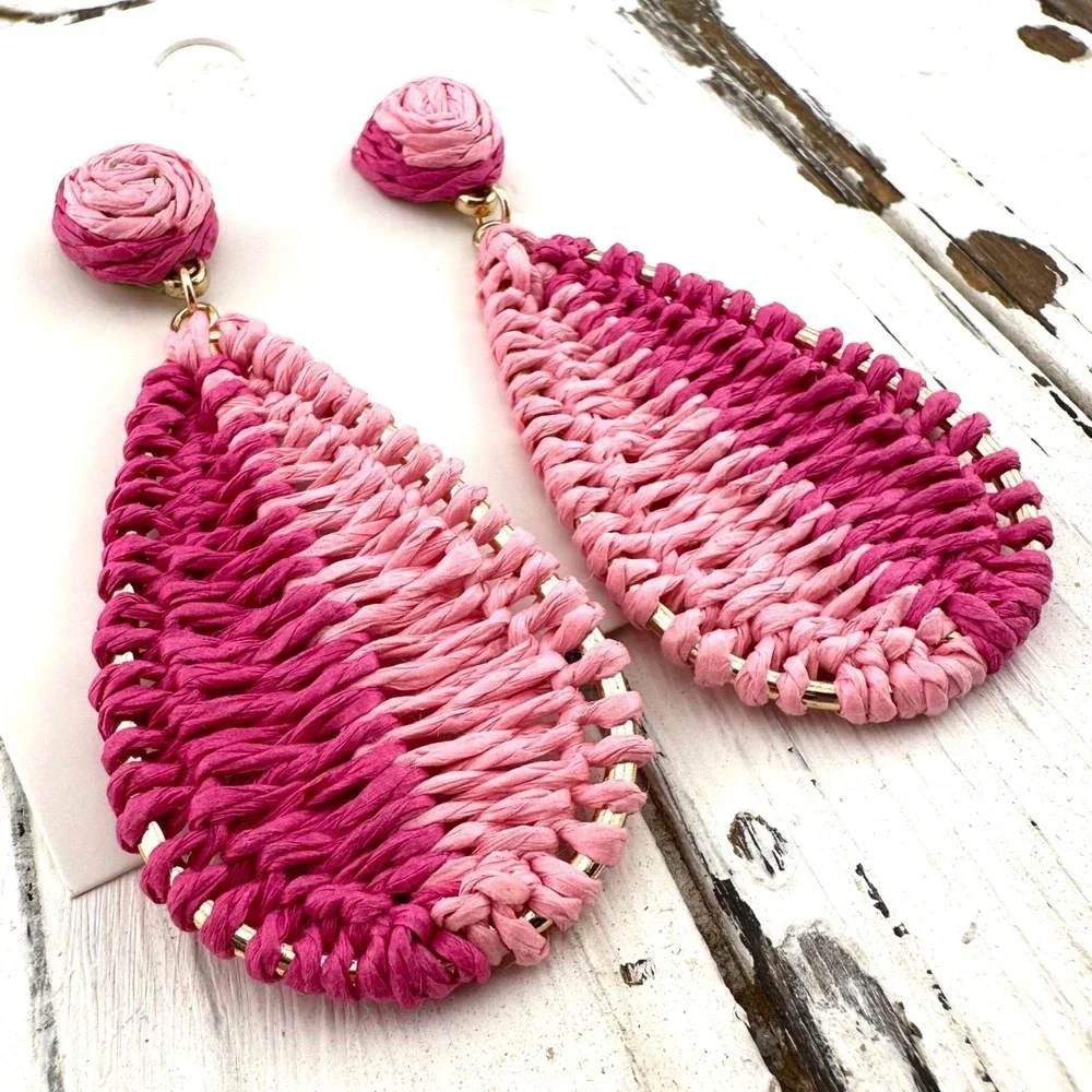 Raffia‎ BraidedTeardrop Earrings Pink Ombre NEW